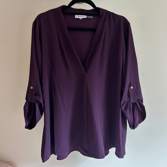 Calvin Klein Women's 1X Plum V-Neck 3/4 Tab Sleeve Blouse Top - Picture 1 of 5